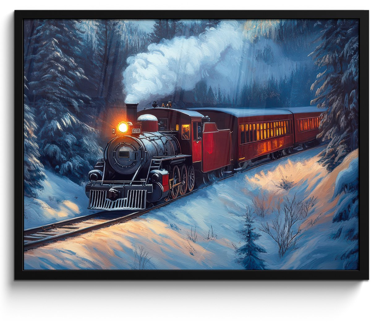 FrameYourWall Poster in lijst - Fotolijst 70x50 cm - Posters - Trein - Kerst - Sneeuw - Kersttrein - Posterlijst zwart - Decoratie - Wanddecoratie woonkamer - Kerstdecoratie voor binnen - Kerstversiering - Kerstmis versiering in huis - Kerstaccessoires Stoomtrein