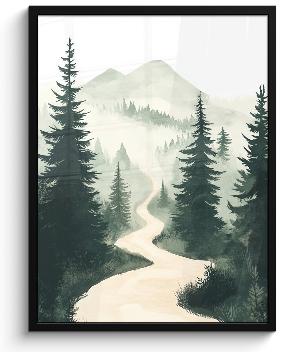 FrameYourWall Poster in lijst - Fotolijst 50x70 cm - Posters - Pad - Bomen - Bos - Illustratie - Posterlijst zwart - Decoratie - Wanddecoratie woonkamer - Muurdecoratie slaapkamer