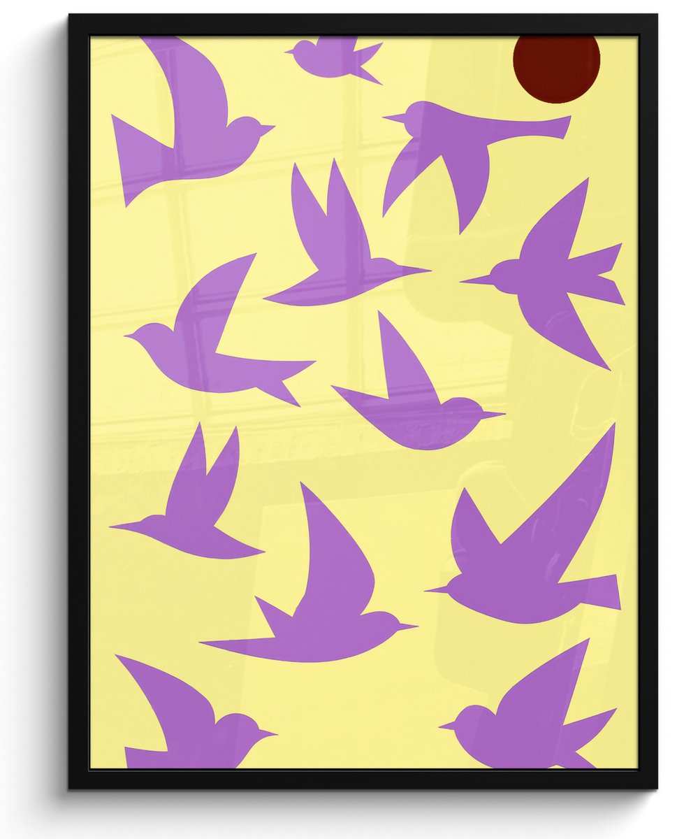 FrameYourWall Poster in lijst - Fotolijst 50x70 cm - Posters - Vogels - Cirkel - Geel - Beweging - Posterlijst zwart - Decoratie - Wanddecoratie woonkamer - Muurdecoratie slaapkamer