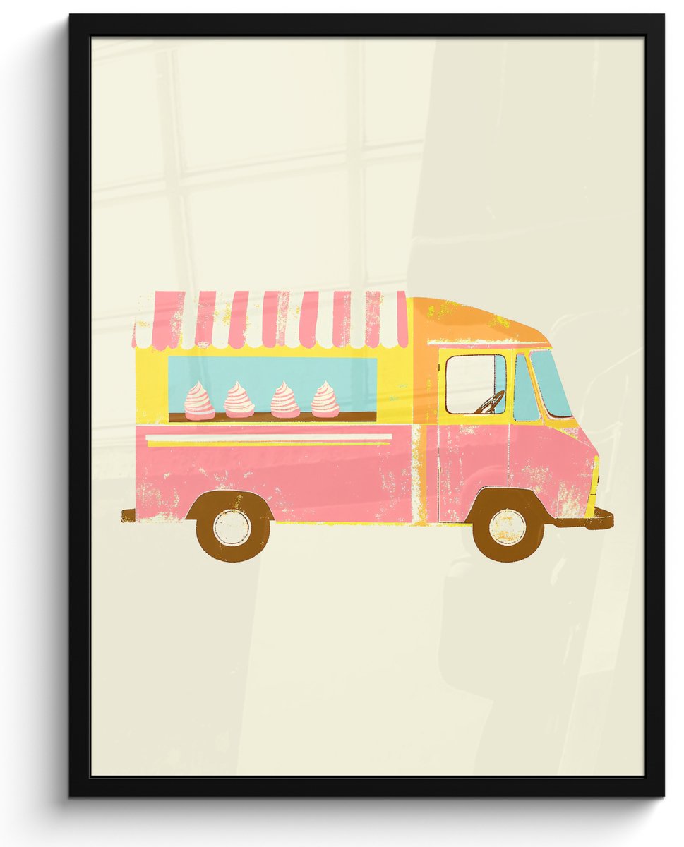 FrameYourWall Poster in lijst - Fotolijst 50x70 cm - Posters - Ijskar - Retro - Softijsjes - Roze - Posterlijst zwart - Decoratie - Wanddecoratie woonkamer - Muurdecoratie slaapkamer