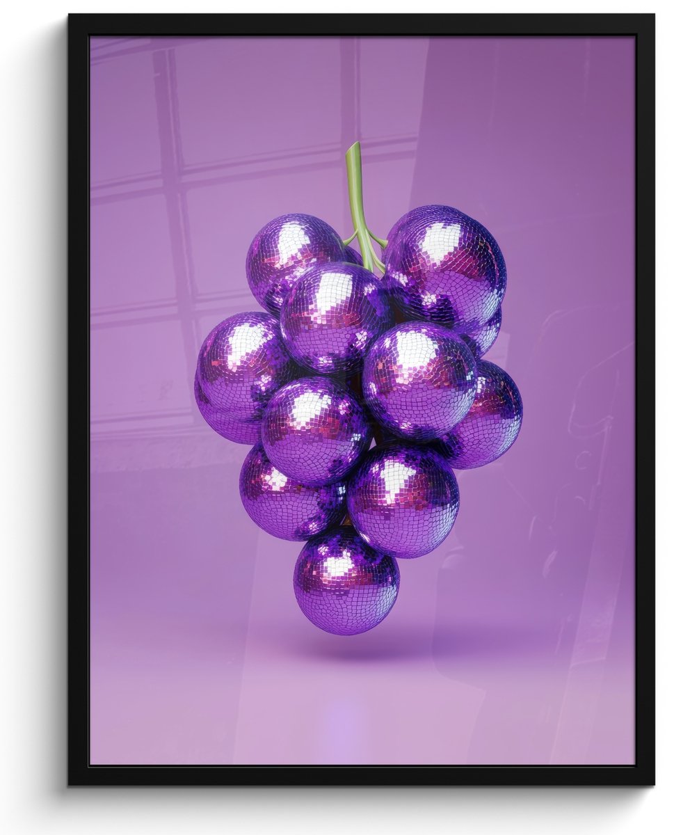FrameYourWall Fotolijst inclusief poster - Posterlijst 50x70 cm - Posters - Druif - Disco - Glitter - Paars - Foto in lijst - Keuken decoratie muur - Wanddecoratie accessoires - Muurdecoratie - Schilderijen Disco - Druiven