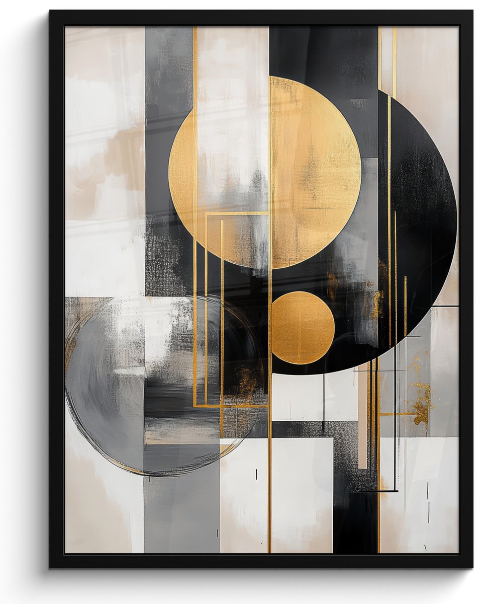 FrameYourWall Poster in lijst - Fotolijst 50x70 cm - Posters - Abstract - Goud - Zilver - Vormen - Aesthetic - Modern - Posterlijst zwart - Decoratie - Wanddecoratie woonkamer - Muurdecoratie slaapkamer Abstracte vormen