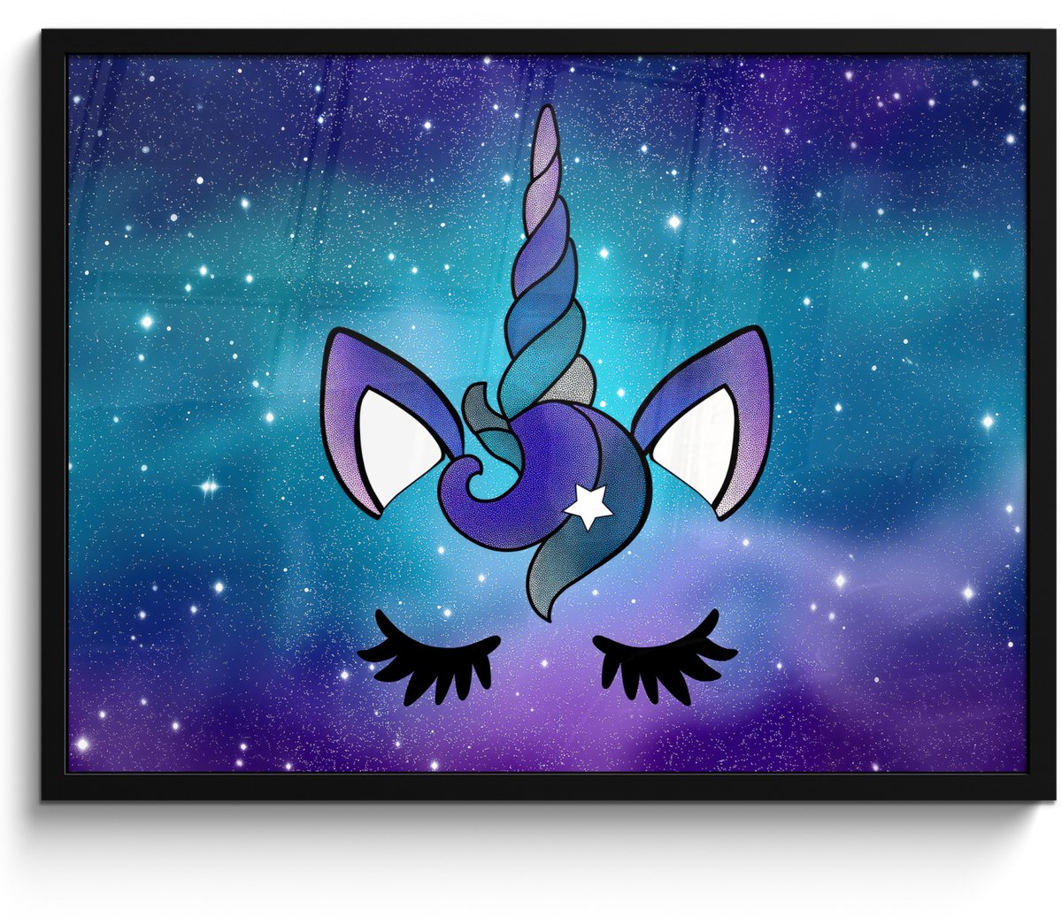FrameYourWall Poster in lijst - Fotolijst 70x50 cm - Posters - Eenhoorn - Sterrenhemel - Ster - Blauw - Posterlijst zwart - Decoratie - Wanddecoratie woonkamer - Muurdecoratie slaapkamer