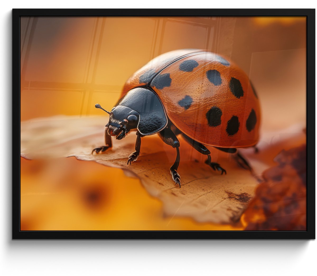 FrameYourWall Poster in lijst - Fotolijst 70x50 cm - Posters - Lieveheersbeestje - Herfst - Insect - Rood - Bladeren - Posterlijst zwart - Decoratie - Wanddecoratie woonkamer - Muurdecoratie slaapkamer