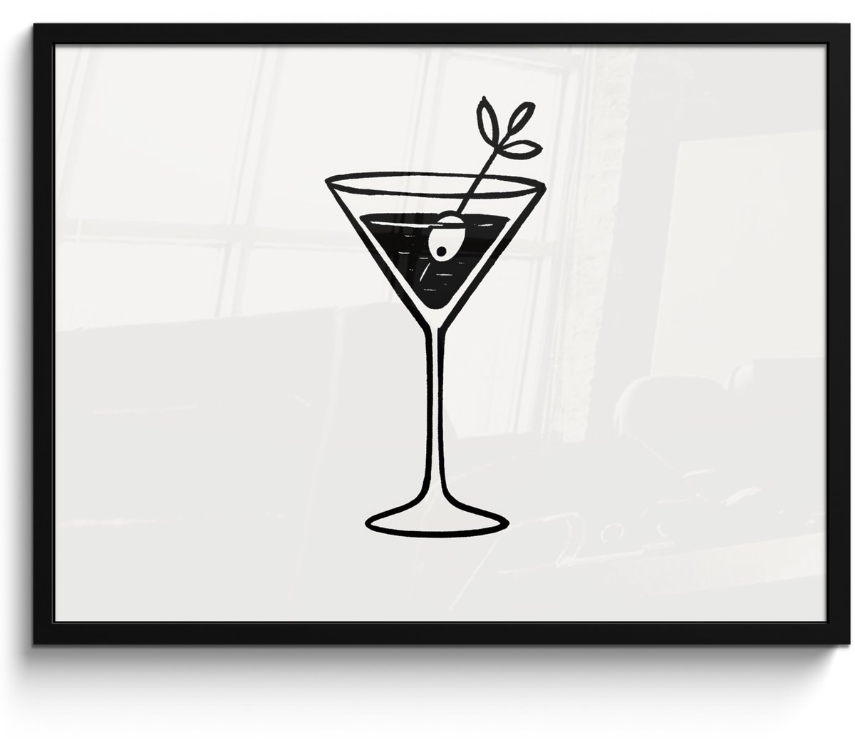 FrameYourWall Poster in lijst - Fotolijst 70x50 cm - Posters - Cocktail - Glas - Olijf - Minimalistisch - Posterlijst zwart - Decoratie - Wanddecoratie woonkamer - Muurdecoratie slaapkamer Cocktail - Minimalistisch