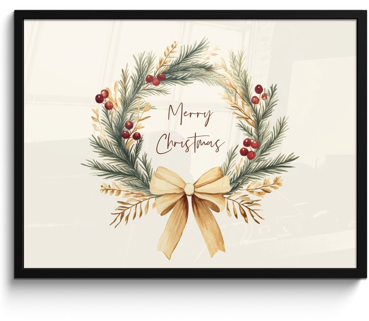 FrameYourWall Poster in lijst - Fotolijst 70x50 cm - Posters - Kerstkrans - Kerst - Goud - Beige - Posterlijst zwart - Decoratie - Wanddecoratie woonkamer - Kerstdecoratie voor binnen - Kerstversiering - Kerstmis versiering in huis - Kerstaccessoires