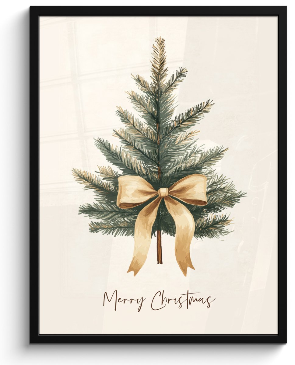 FrameYourWall Poster in lijst - Fotolijst 50x70 cm - Posters - Kerstboom - Kerst - Merry Christmas - Beige - Posterlijst zwart - Decoratie - Wanddecoratie woonkamer - Kerstdecoratie voor binnen - Kerstversiering - Kerstmis versiering in huis - Kerstaccessoires