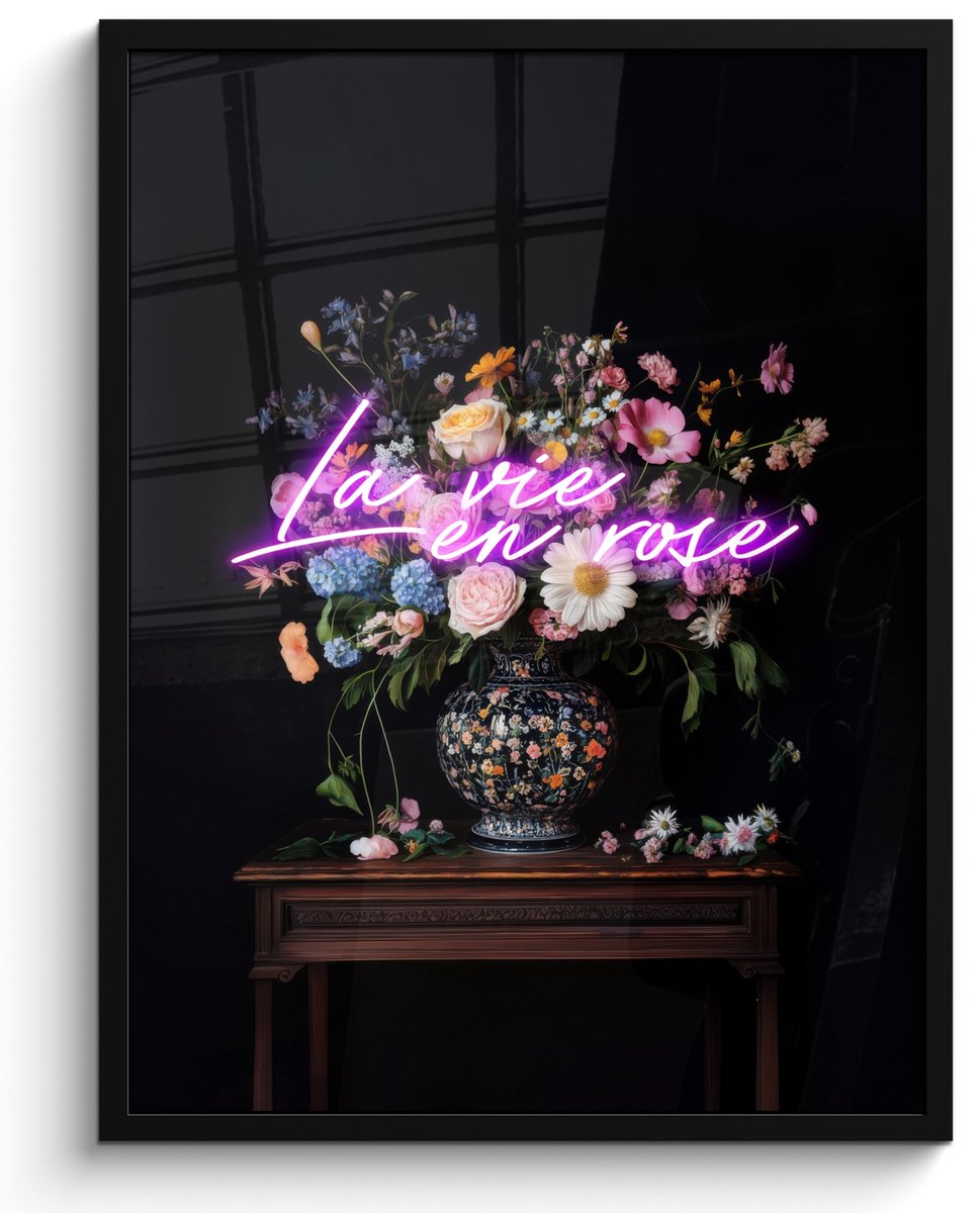 FrameYourWall Poster in lijst - Fotolijst 50x70 cm - Posters - Neon - Vaas - Bloemen - Posterlijst zwart - Decoratie - Wanddecoratie woonkamer - Muurdecoratie slaapkamer Multicolor