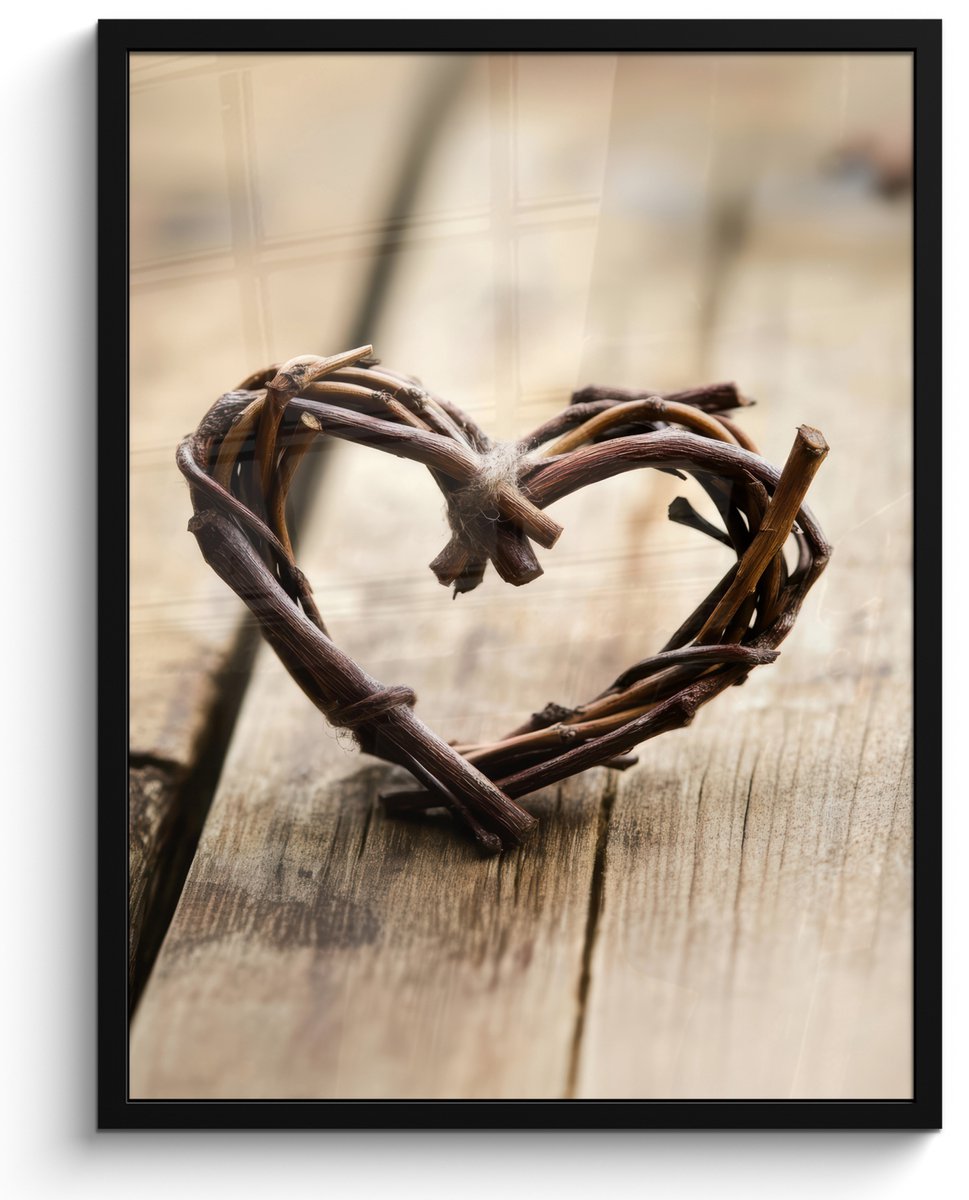 FrameYourWall Poster in lijst - Fotolijst 50x70 cm - Posters - Hart - Hout - Natuur - Takken - Bruin - Posterlijst zwart - Decoratie - Wanddecoratie woonkamer - Muurdecoratie slaapkamer Hart - Natuur