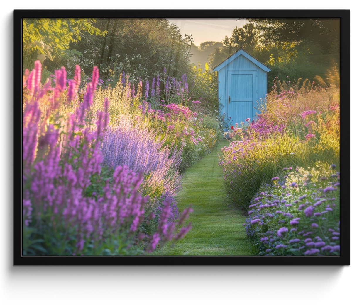 FrameYourWall Poster in lijst - Fotolijst 70x50 cm - Posters - Tuinhuisje - Blauw - Bloemen - Posterlijst zwart - Decoratie - Wanddecoratie woonkamer - Muurdecoratie slaapkamer Lavendel - Tuin