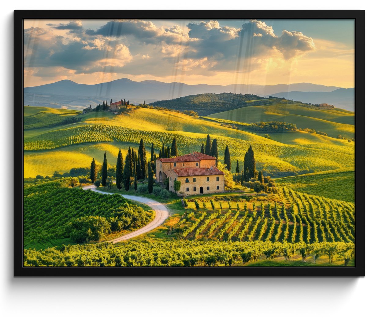 FrameYourWall Poster in lijst - Fotolijst 70x50 cm - Posters - Toscane - Landschap - Wijngaarden - Posterlijst zwart - Decoratie - Wanddecoratie woonkamer - Muurdecoratie slaapkamer