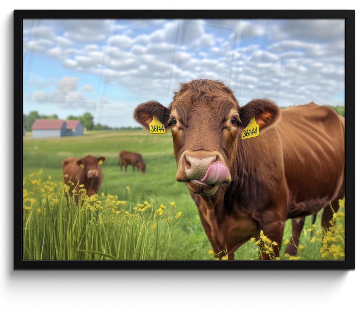 FrameYourWall Poster in lijst - Fotolijst 70x50 cm - Posters - Koe - Weide - Bloemen - Posterlijst zwart - Decoratie - Wanddecoratie woonkamer - Muurdecoratie slaapkamer Koe - Landschap