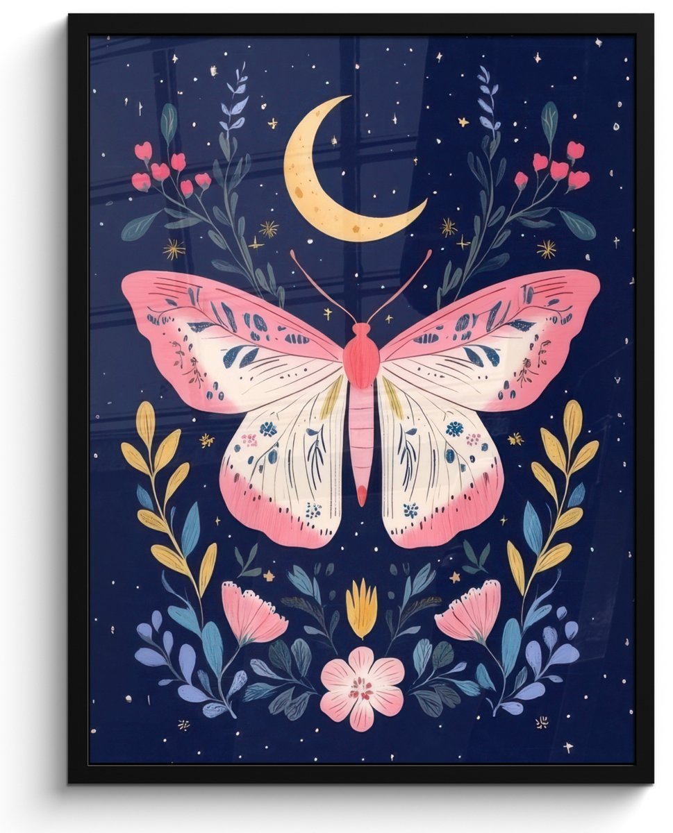 FrameYourWall Poster in lijst - Fotolijst 50x70 cm - Posters - Vlinder - Maan - Bloemen - Sterrenhemel - Posterlijst zwart - Decoratie - Wanddecoratie woonkamer - Muurdecoratie slaapkamer
