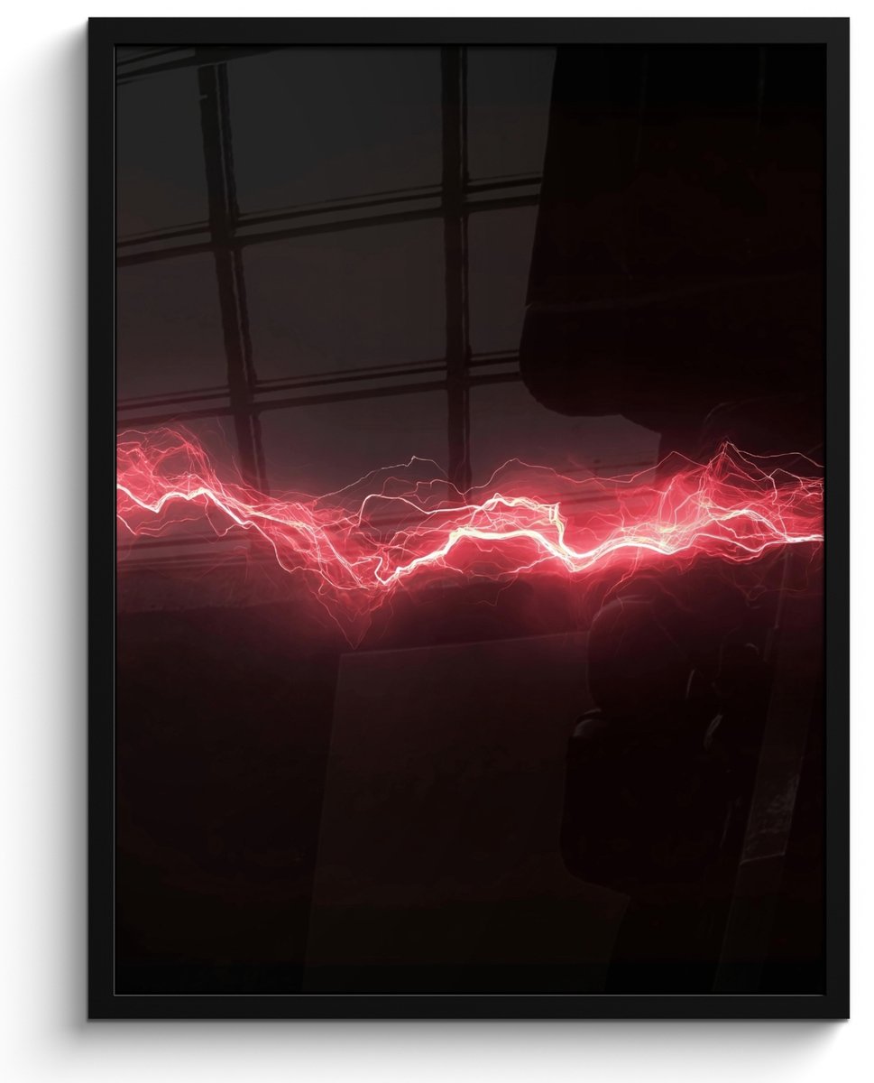 FrameYourWall Poster in lijst - Fotolijst 50x70 cm - Posters - Gaming - Rood - Elektriciteit - Energie - Lijn - Posterlijst zwart - Decoratie - Wanddecoratie woonkamer - Muurdecoratie slaapkamer Vonken