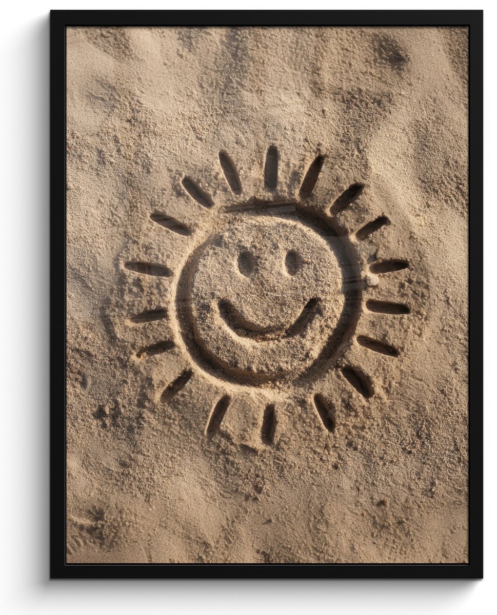 FrameYourWall Poster in lijst - Fotolijst 50x70 cm - Posters - Gezichtje - Zon - Zand - Getekend - Posterlijst zwart - Decoratie - Wanddecoratie woonkamer - Muurdecoratie slaapkamer