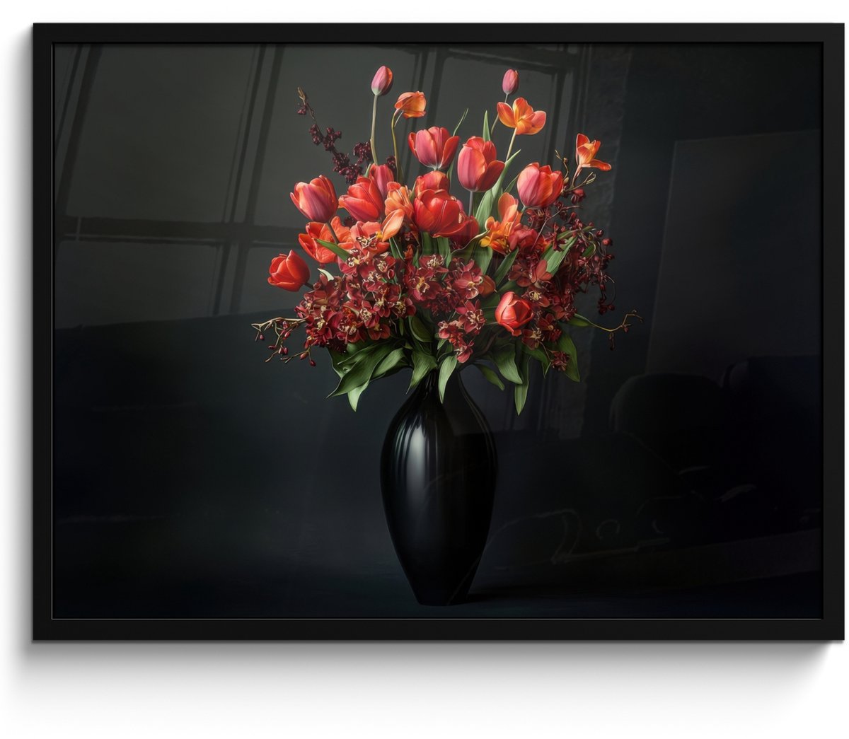 FrameYourWall Poster in lijst - Fotolijst 70x50 cm - Posters - Boeket - Tulpen - Vaas - Rood - Posterlijst zwart - Decoratie - Wanddecoratie woonkamer - Muurdecoratie slaapkamer Boeket - Bloemen 2