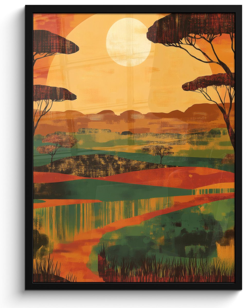 FrameYourWall Poster in lijst - Fotolijst 50x70 cm - Posters - Landschap - Afrikaans - Zon - Posterlijst zwart - Decoratie - Wanddecoratie woonkamer - Muurdecoratie slaapkamer Landschap - Zon
