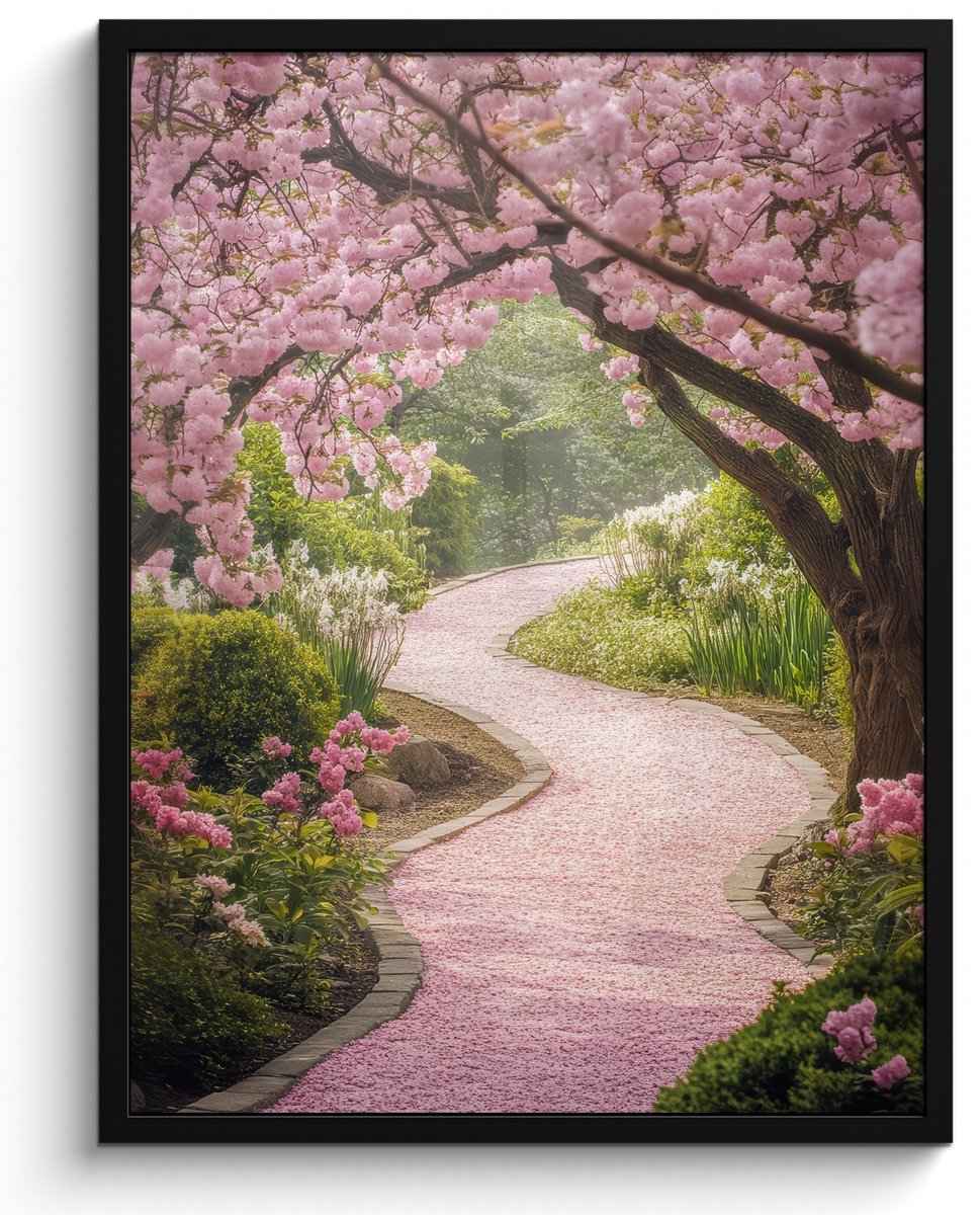 FrameYourWall Poster in lijst - Fotolijst 50x70 cm - Posters - Kersenbloesem - Natuur - Sakura - Pad - Japanse tuin - Posterlijst zwart - Decoratie - Wanddecoratie woonkamer - Muurdecoratie slaapkamer
