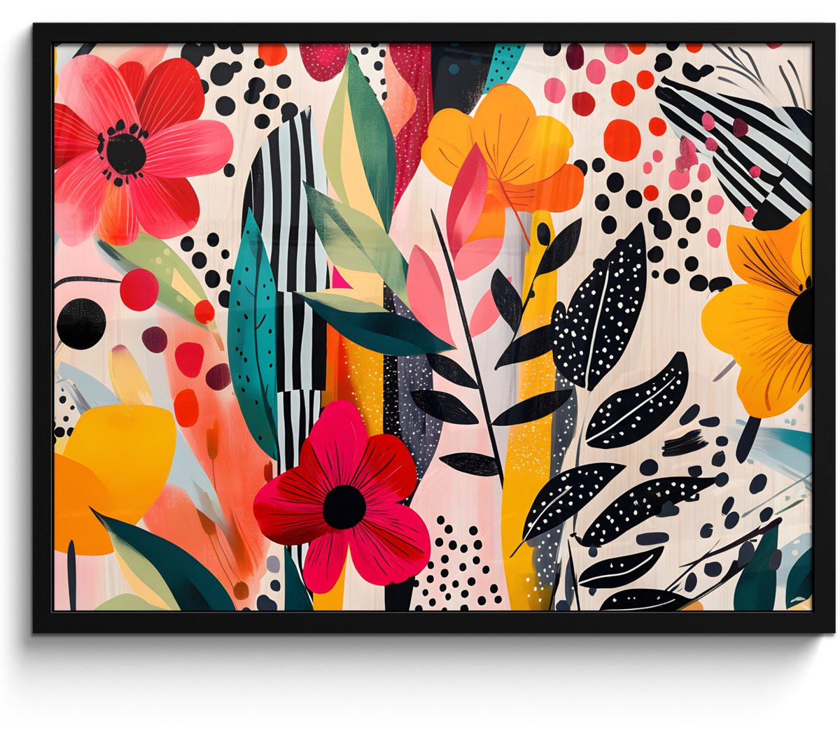 FrameYourWall Poster in lijst - Fotolijst 70x50 cm - Posters - Bloemen - Bladeren - Abstract - Kleurrijk - Posterlijst zwart - Decoratie - Wanddecoratie woonkamer - Muurdecoratie slaapkamer Bloemen - Kleurrijk - Stippen