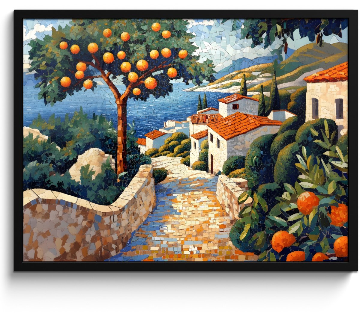 FrameYourWall Poster in lijst - Fotolijst 70x50 cm - Posters - Huizen - Mozaïek - Sinaasappelbomen - Zee - Posterlijst zwart - Decoratie - Wanddecoratie woonkamer - Muurdecoratie slaapkamer Dorp - Zee - Mozaïek