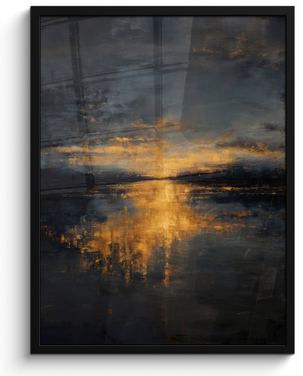 FrameYourWall Poster in lijst - Fotolijst 50x70 cm - Posters - Gouden Reflectie op Water - Posterlijst zwart - Decoratie - Wanddecoratie woonkamer - Muurdecoratie slaapkamer Water - Goud - Reflectie