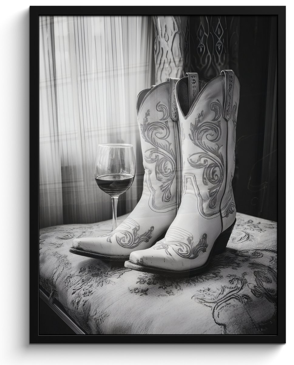 FrameYourWall Poster in lijst - Fotolijst 50x70 cm - Posters - Wijn - Cowboylaarzen - Raamlicht - Wit - Posterlijst zwart - Decoratie - Wanddecoratie woonkamer - Muurdecoratie slaapkamer Cowboylaarzen - Wijn