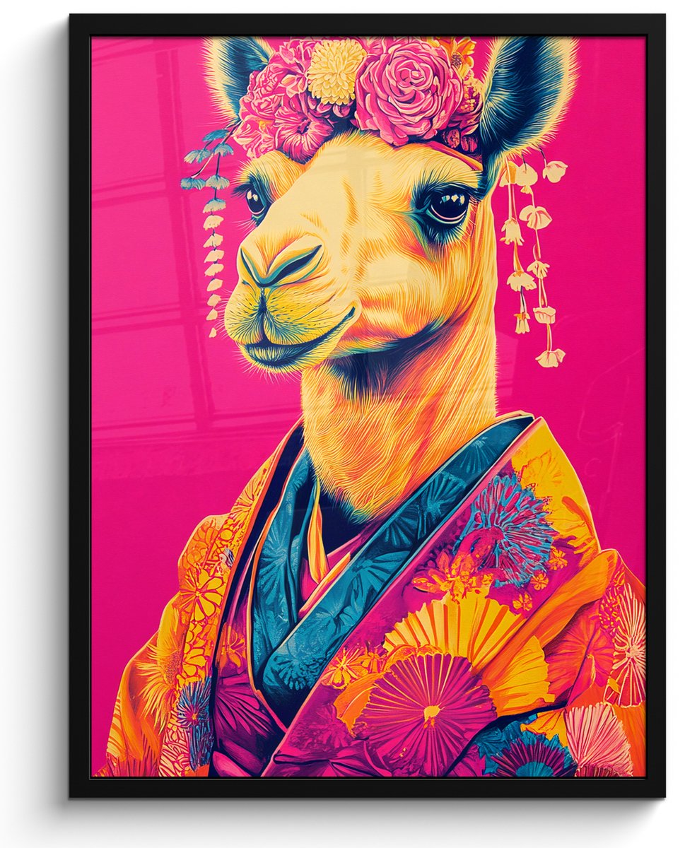 FrameYourWall Poster in lijst - Fotolijst 50x70 cm - Posters - Kameel - Bloemen - Kimono - Waaiers - Posterlijst zwart - Decoratie - Wanddecoratie woonkamer - Muurdecoratie slaapkamer