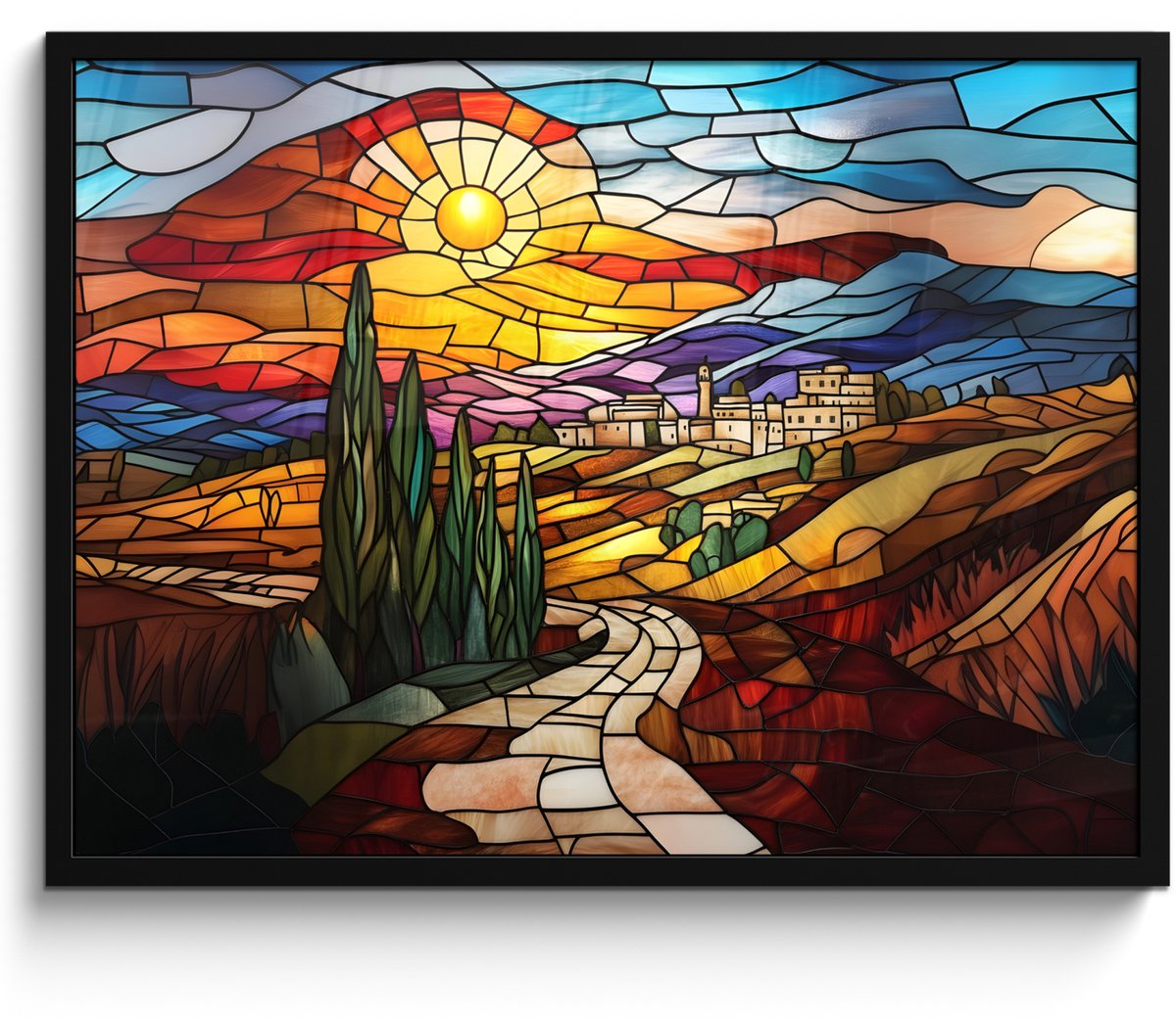 FrameYourWall Poster in lijst - Fotolijst 70x50 cm - Posters - Mozaïek - Zon - Landschap - Dorp - Posterlijst zwart - Decoratie - Wanddecoratie woonkamer - Muurdecoratie slaapkamer Zon - Landschap - Mozaïek