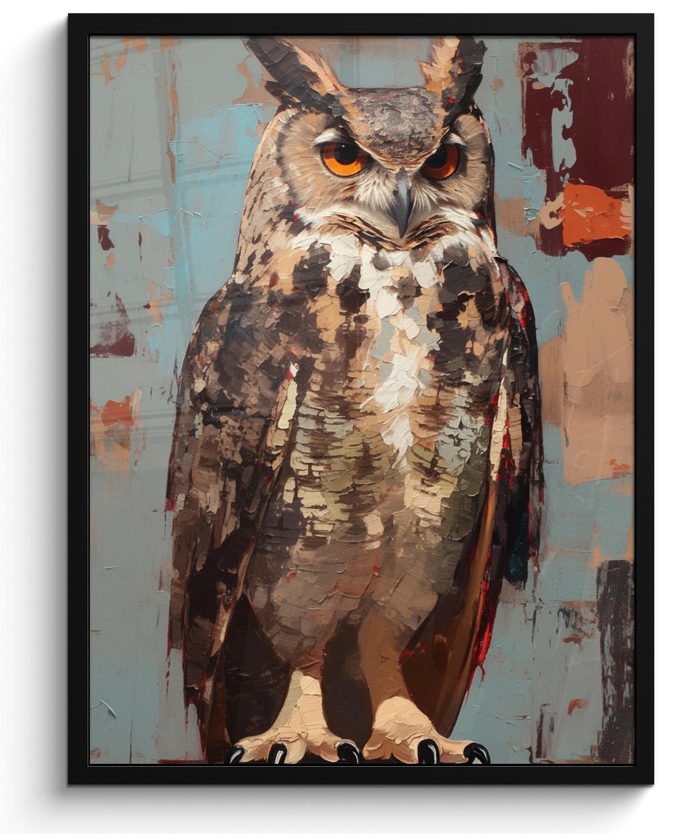 FrameYourWall Poster in lijst - Fotolijst 50x70 cm - Posters - Geschilderd - Abstract - Uil - Bruin - Posterlijst zwart - Decoratie - Wanddecoratie woonkamer - Muurdecoratie slaapkamer