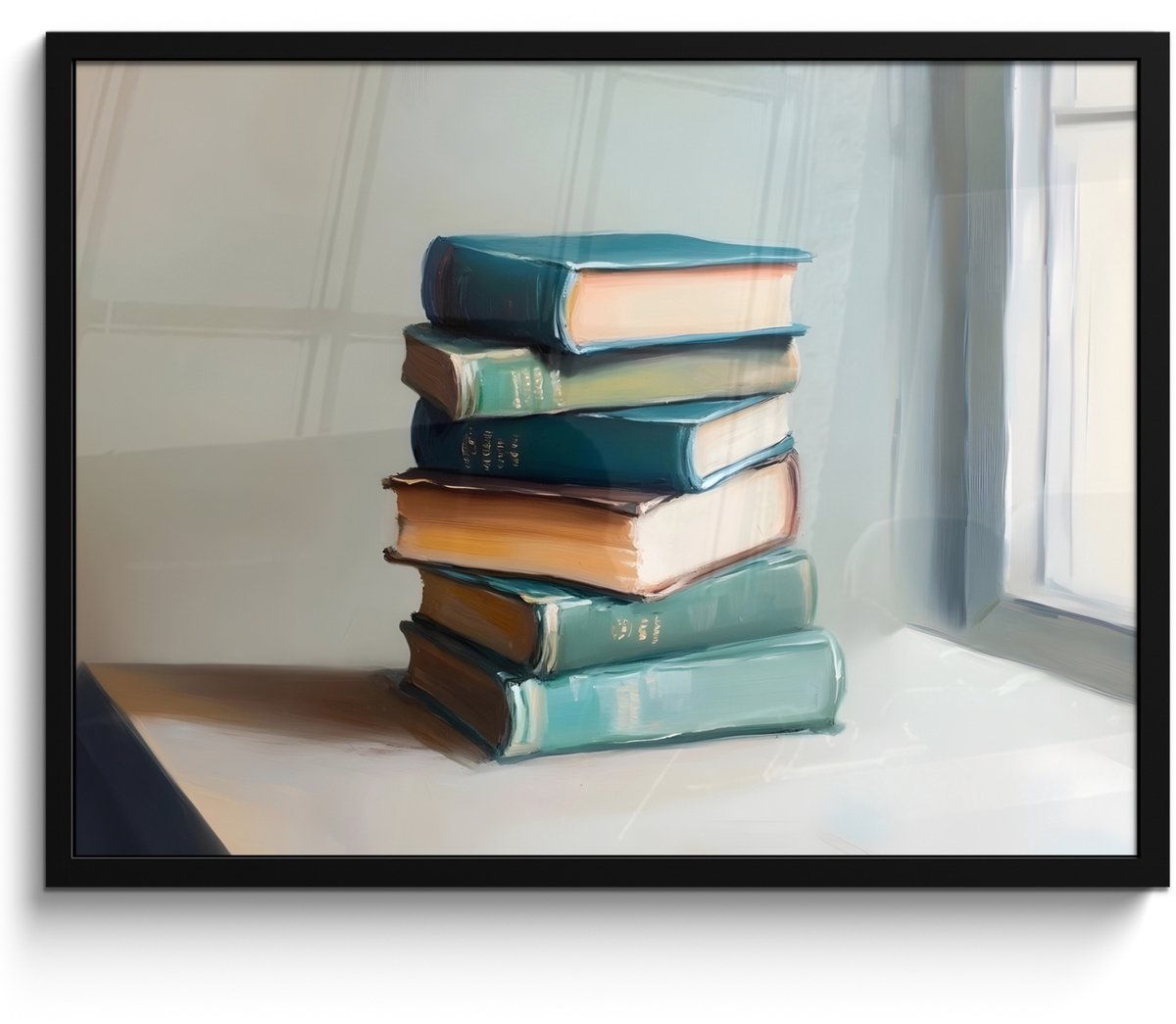 FrameYourWall Poster in lijst - Fotolijst 70x50 cm - Posters - Stapel - Boeken - Groen - Daglicht - Posterlijst zwart - Decoratie - Wanddecoratie woonkamer - Muurdecoratie slaapkamer