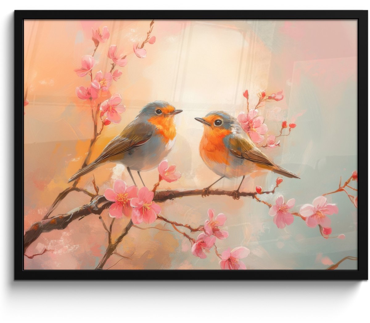 FrameYourWall Poster in lijst - Fotolijst 70x50 cm - Posters - Roodborstjes - Sierlijk - Bloesemtak - Posterlijst zwart - Decoratie - Wanddecoratie woonkamer - Muurdecoratie slaapkamer Vogels - Bloemen