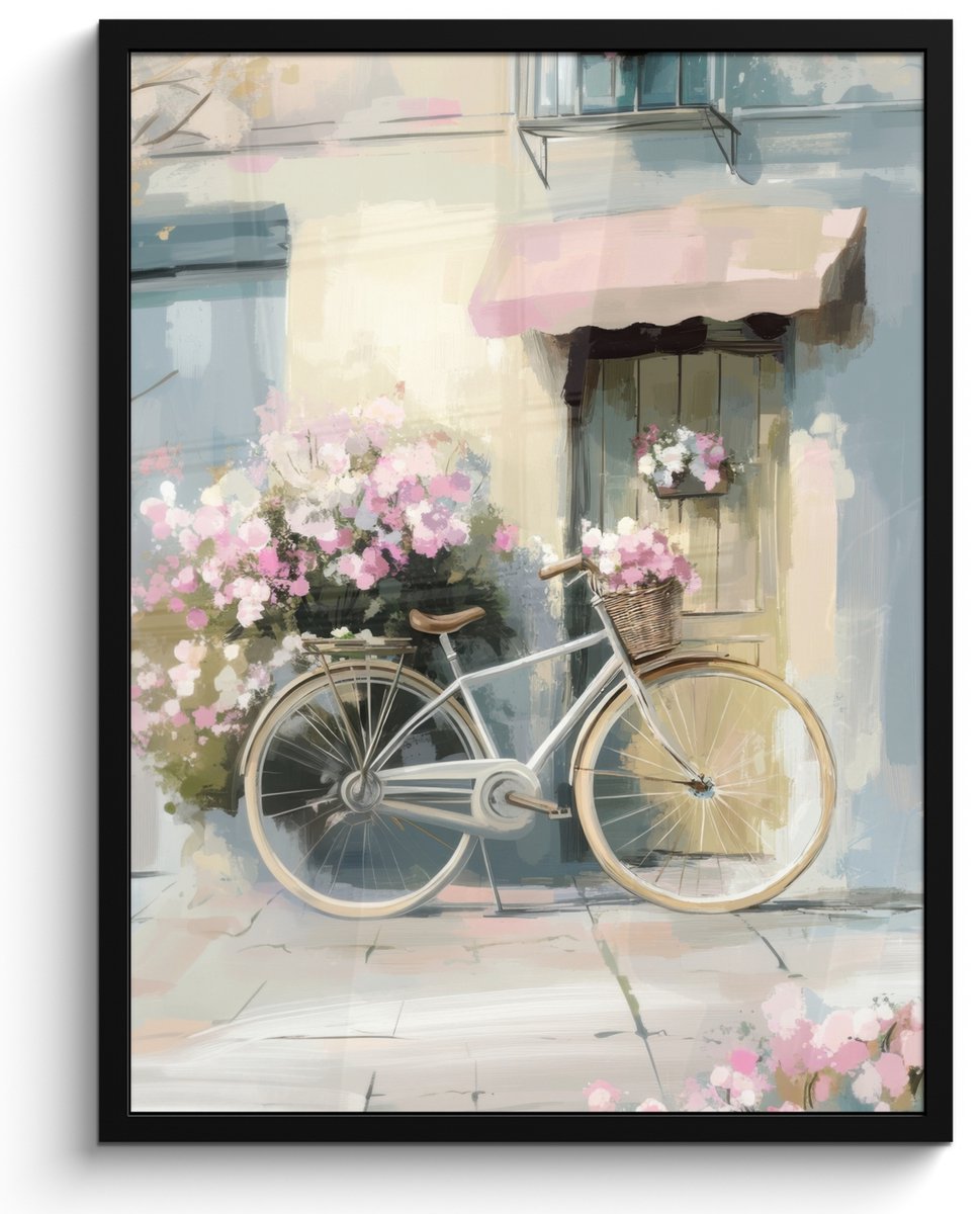 FrameYourWall Poster in lijst - Fotolijst 50x70 cm - Posters - Fiets - Pastelkleuren - Bloemen - Posterlijst zwart - Decoratie - Wanddecoratie woonkamer - Muurdecoratie slaapkamer Landschap - Fiets