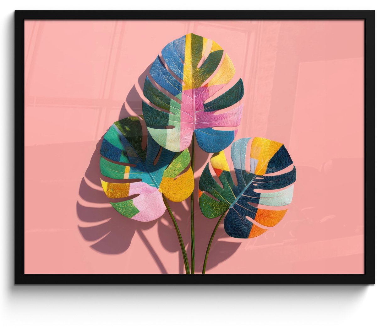 FrameYourWall Poster in lijst - Fotolijst 70x50 cm - Posters - Bladeren - Geschilderd - Vlakken - Kleurrijk - Posterlijst zwart - Decoratie - Wanddecoratie woonkamer - Muurdecoratie slaapkamer