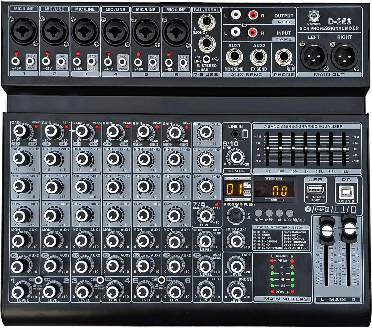 8-Kanaals Audio Mixer met USB, Bluetooth en DSP Effecten voor Studio, Karaoke en Streaming