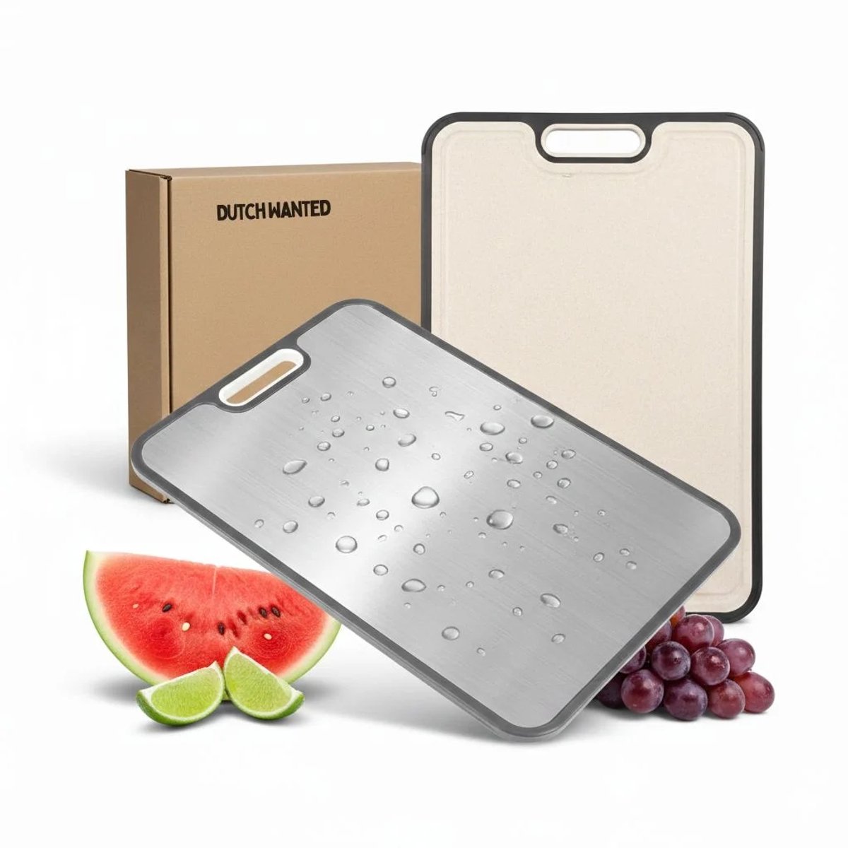 Dutch Wanted - 100% RVS Snijplank - Dubbelzijdig met Tarwevezel kant - Vermijd Microplastics - Raspfunctie - Cutting Board - Vaatwasserbestendig - Antislip