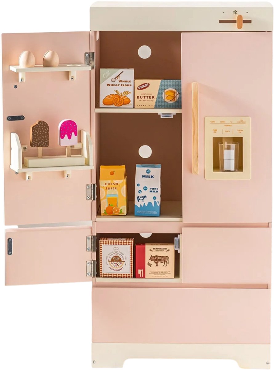HHHK - Houten Kinder Koelkast - Roze - Wit - 45.5x28.8x92.5cm - Speelgoed Koelkast - Kinderspeelgoed - Houten Speelgoed Keuken