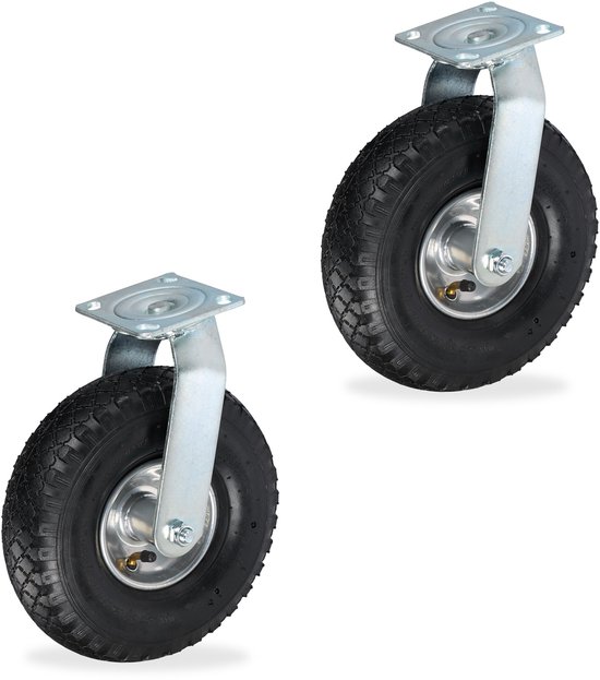 Set van 2 zwarte luchtband zwenkwielen met zilverkleurige metalen steunen.