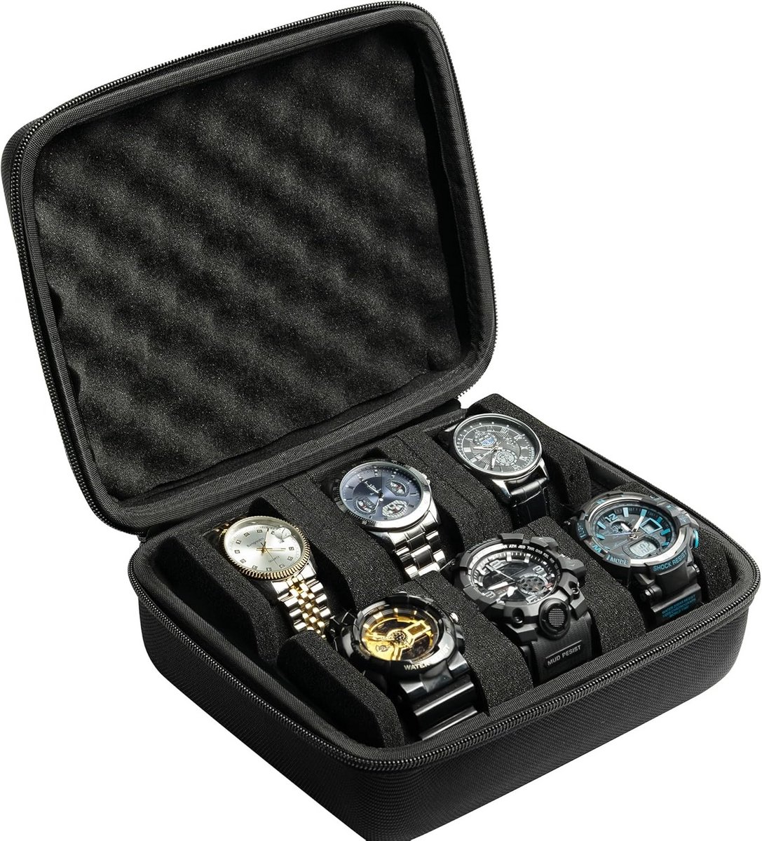 Harde horlogedoos met 6 slots en 2 compartimenten zwart reiskoffer