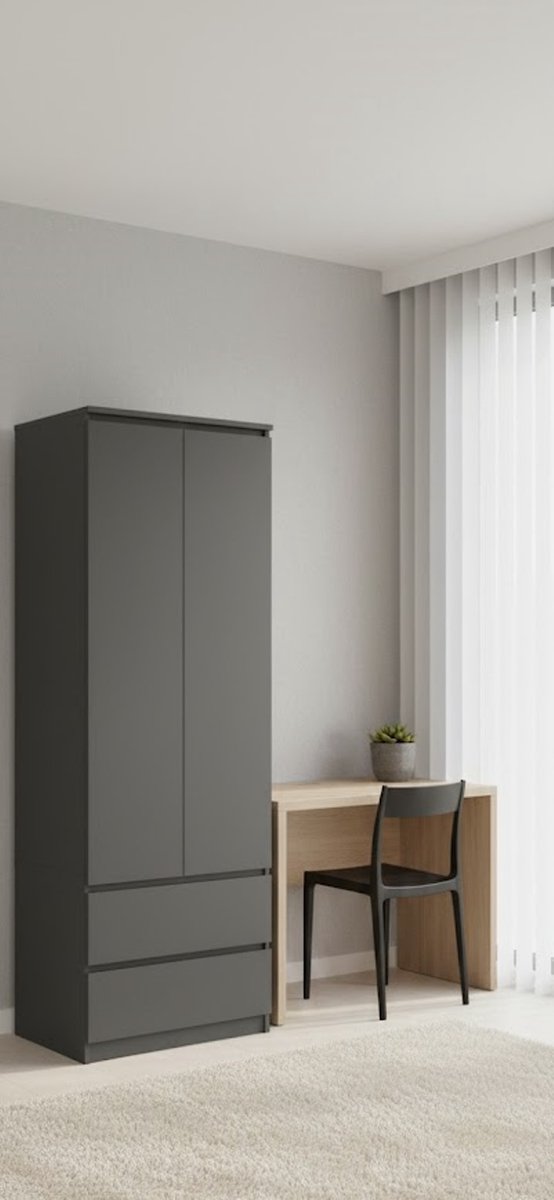 Modern 2-Deurs Kledingkast met 2 Laden – Compacte Opbergkast 180x60x51 cm – Stijlvolle Grafietgrijze Kast voor Slaapkamer, Hal, Woonkamer of Kinderkamer House&Garden