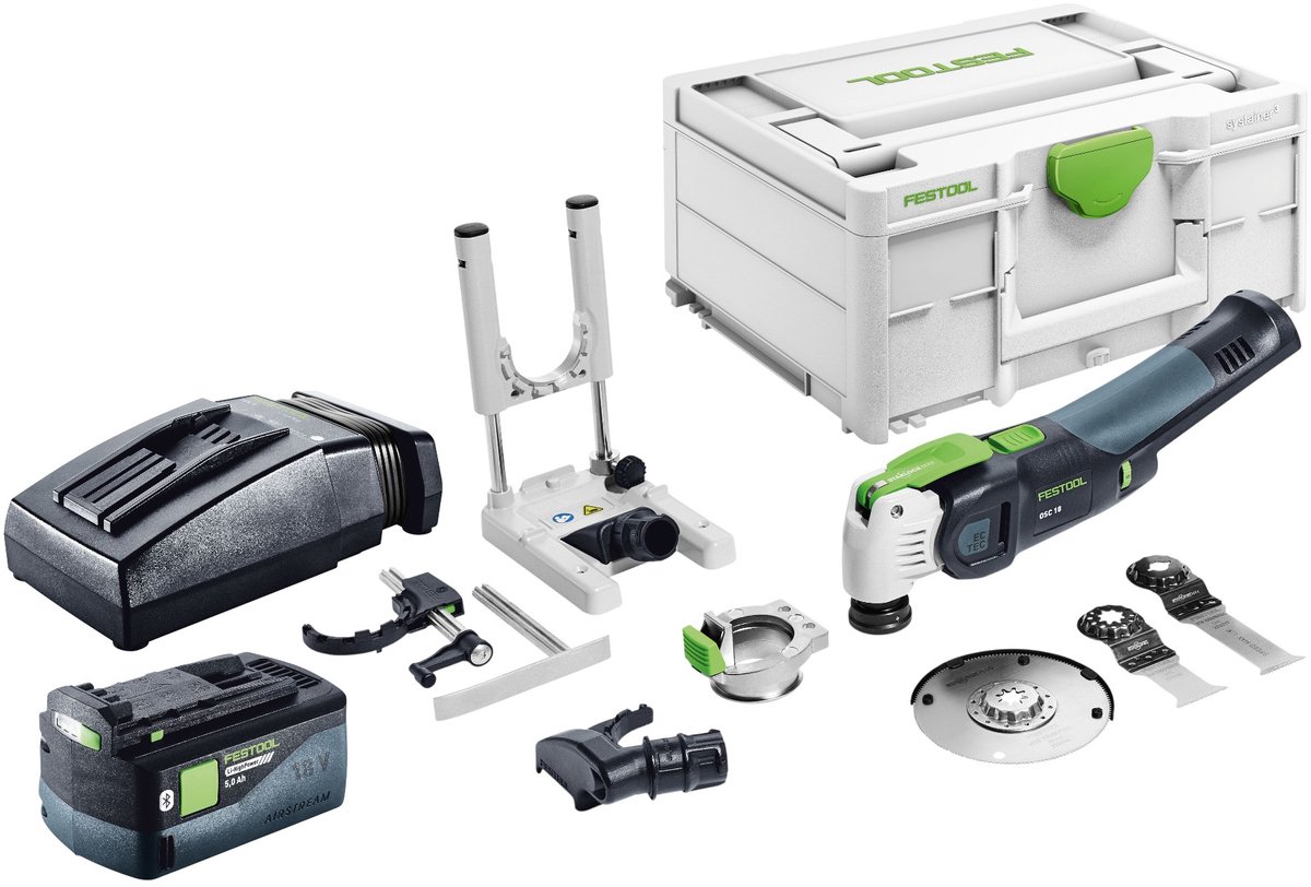 Festool OSC 18 E-Basic-set accu-oscillator 18 V Starlock Max Brushless + 1x accu 5,0 Ah + oplader + 7-delige accessoire-set + Systainer