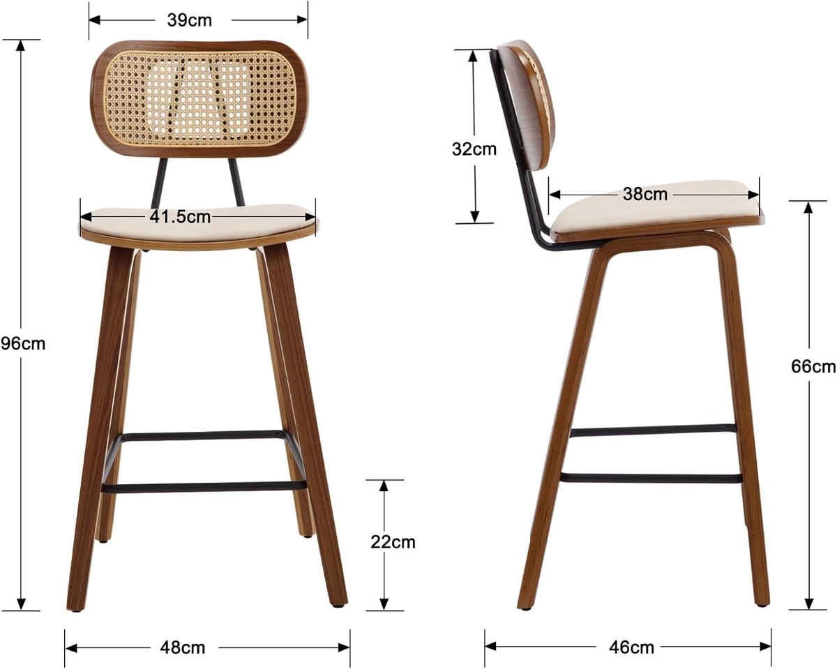 Barkruk Set van 2 House&Garden Moderne Rotan Barstoelen met Kunstleren Zitting en Houten Poten – Keukenkruk voor Keukeneiland, Huisbar of Ontbijtbar – Beige