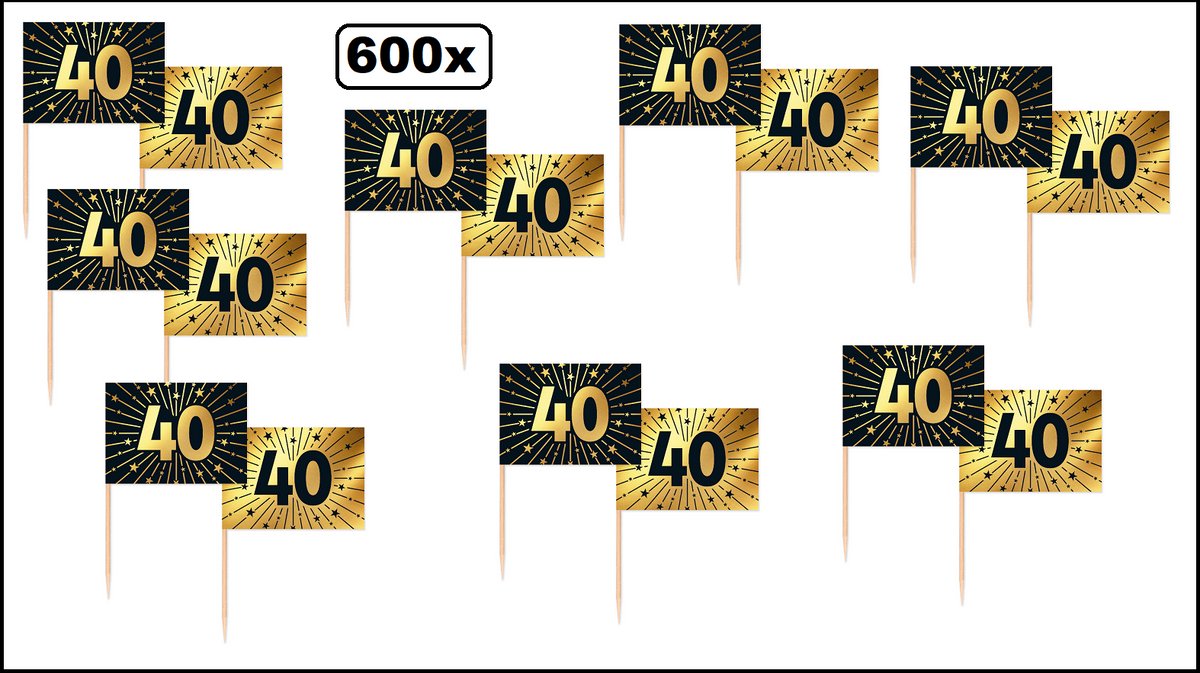 600x Cocktailprikkers 40 jaar goud/zwart - Vlag prikker Jubileum verjaardag thema feest bruiloft cocktail prikker