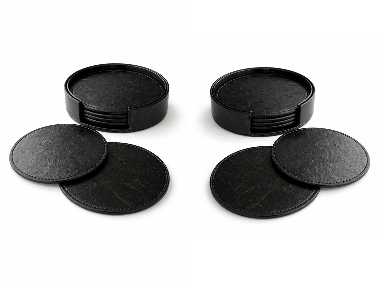 Luxe leren onderzetters met subtiel marmer effect. Voor glazen 12 stuks zwart inclusief twee houders - Waterafstotend en Hittebestendig - Glasonderzetters voor op Tafel - Coasters - Rond