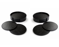 Luxe leren onderzetters met subtiel marmer effect. Voor glazen 12 stuks zwart inclusief twee houders - Waterafstotend en Hittebestendig - Glasonderzetters voor op Tafel - Coasters - Rond