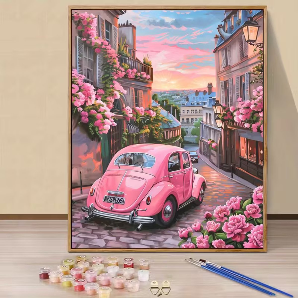 Nalovi - Schilderen op nummer - Roze Auto - Op doek - Schilderpakket - Voor Volwassenen - Inclusies verf en penselen - Hobby voor thuis