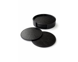 Luxe leren onderzetters met subtiel marmer effect. Voor glazen 6 stuks zwart inclusief houder - Waterafstotend en Hittebestendig - Glasonderzetters voor op Tafel - Coasters - Rond
