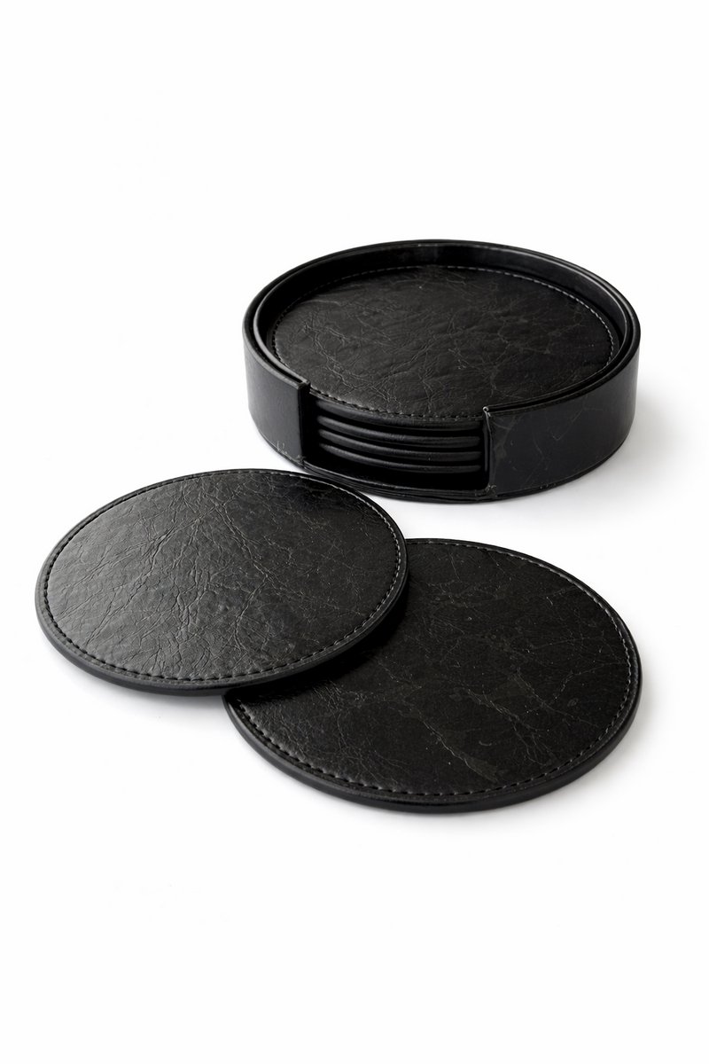 Luxe leren onderzetters met subtiel marmer effect. Voor glazen 6 stuks zwart inclusief houder - Waterafstotend en Hittebestendig - Glasonderzetters voor op Tafel - Coasters - Rond