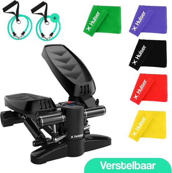 Hulser Stepper met display - Verstelbare weerstand - Met lange weerstandsband set 5-delig - Home gym fitnessapparaat - Stretch resistance band elastiek - Thuis sporten - Fitness theraband - Mini cardio home trainer