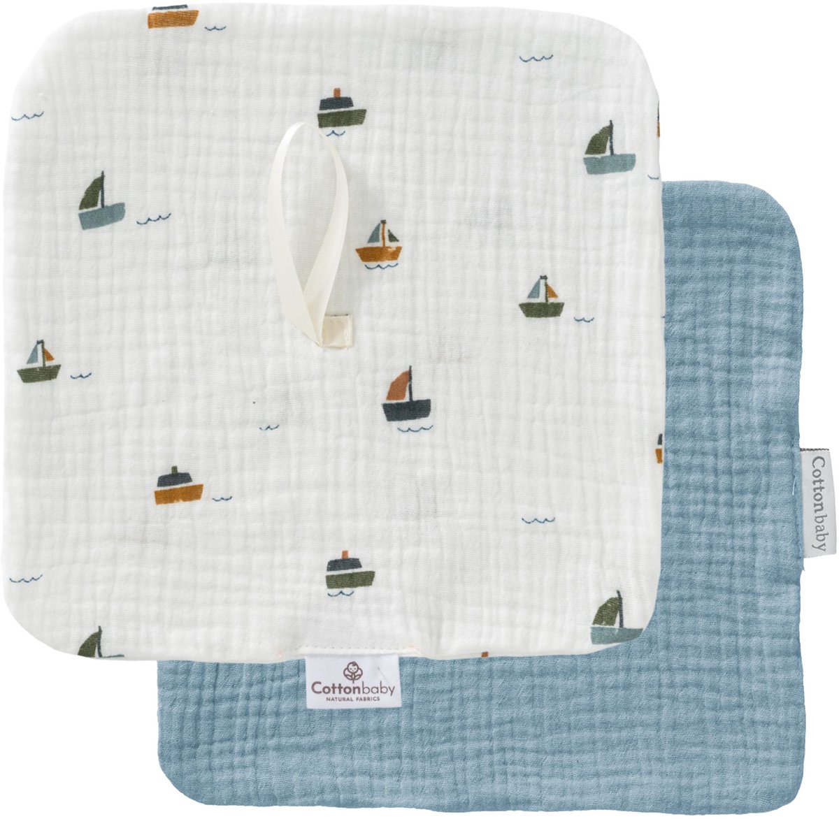 Cottonbaby Set van 2 Cottonsoft Speendoekjes – Bootjes en uni oudblauw – Zacht, Wasbaar & Duurzaam – Geschikt voor Speen – 20x20 cm