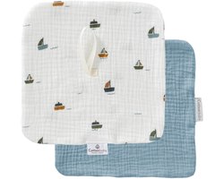 Cottonbaby Set van 2 Cottonsoft Speendoekjes – Bootjes en uni oudblauw – Zacht, Wasbaar & Duurzaam – Geschikt voor Speen – 20x20 cm